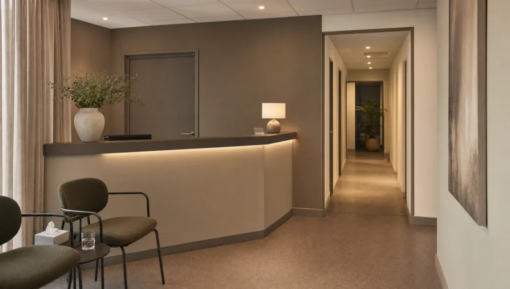 De stille entree van een privébehandelcentrum laat een discrete eerste stap naar hulp bij depressie zien.