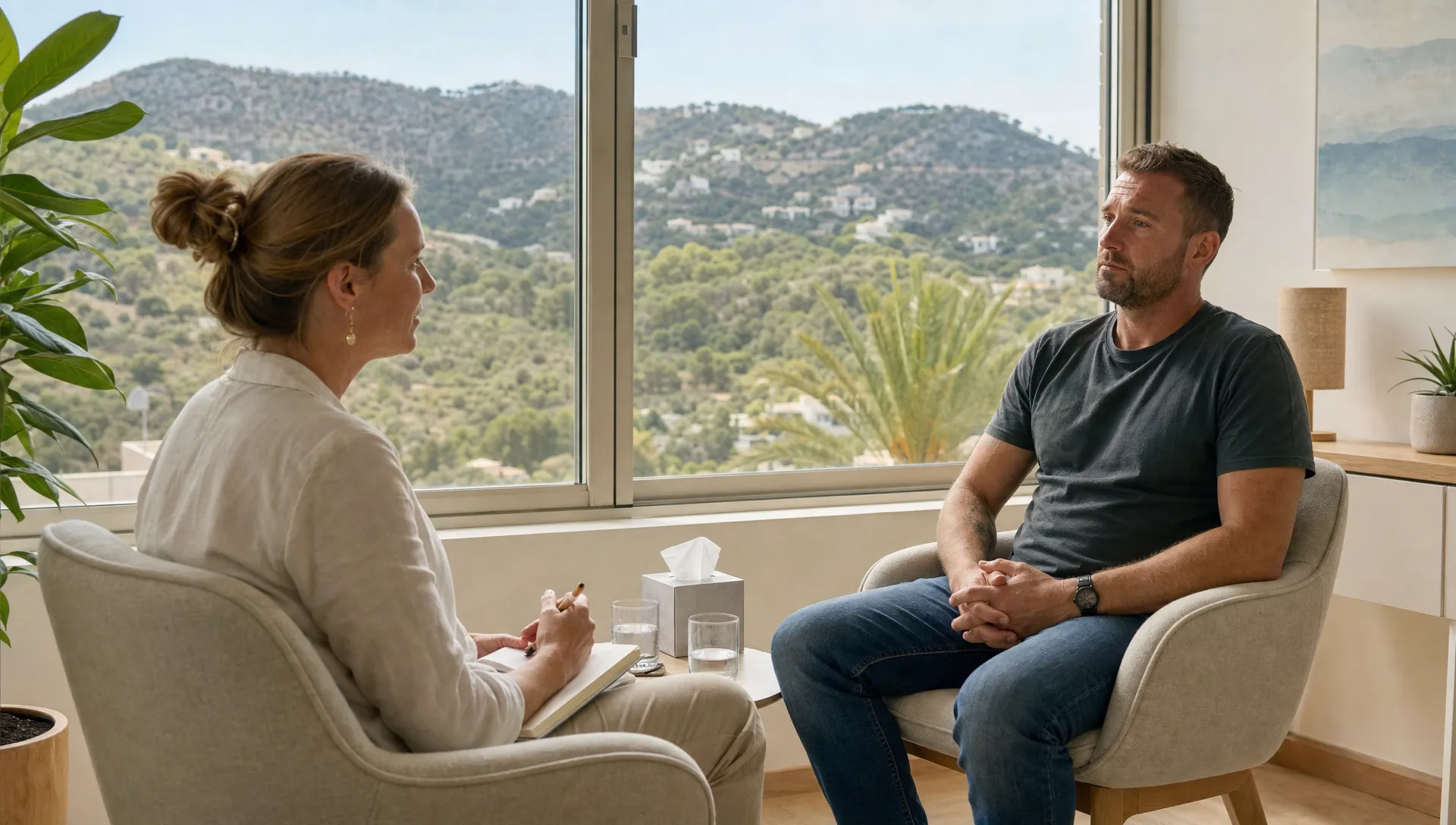 Een behandelaar en een volwassen cliënt zitten tegenover elkaar in een lichte gespreksruimte; door het raam zijn de groene heuvels van de Costa Blanca zichtbaar tijdens een persoonlijk gesprek over depressie en PTSS.