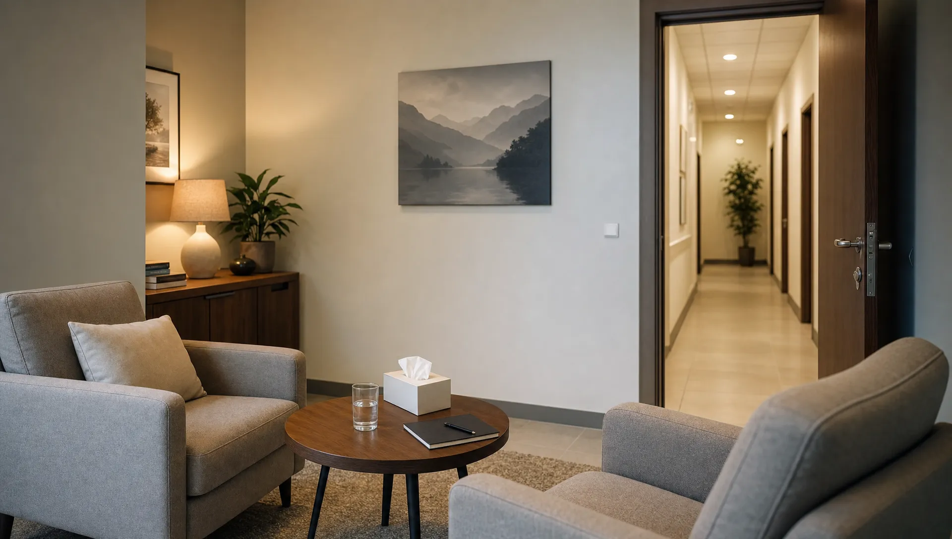 Een discrete behandelruimte met comfortabele stoelen, een tafel en een open deur naar een stille gang, passend bij privacy en herstel bij afkicken in het buitenland.