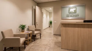 A discreet reception area in a private treatment center with chairs, a table, and a quiet hallway.
