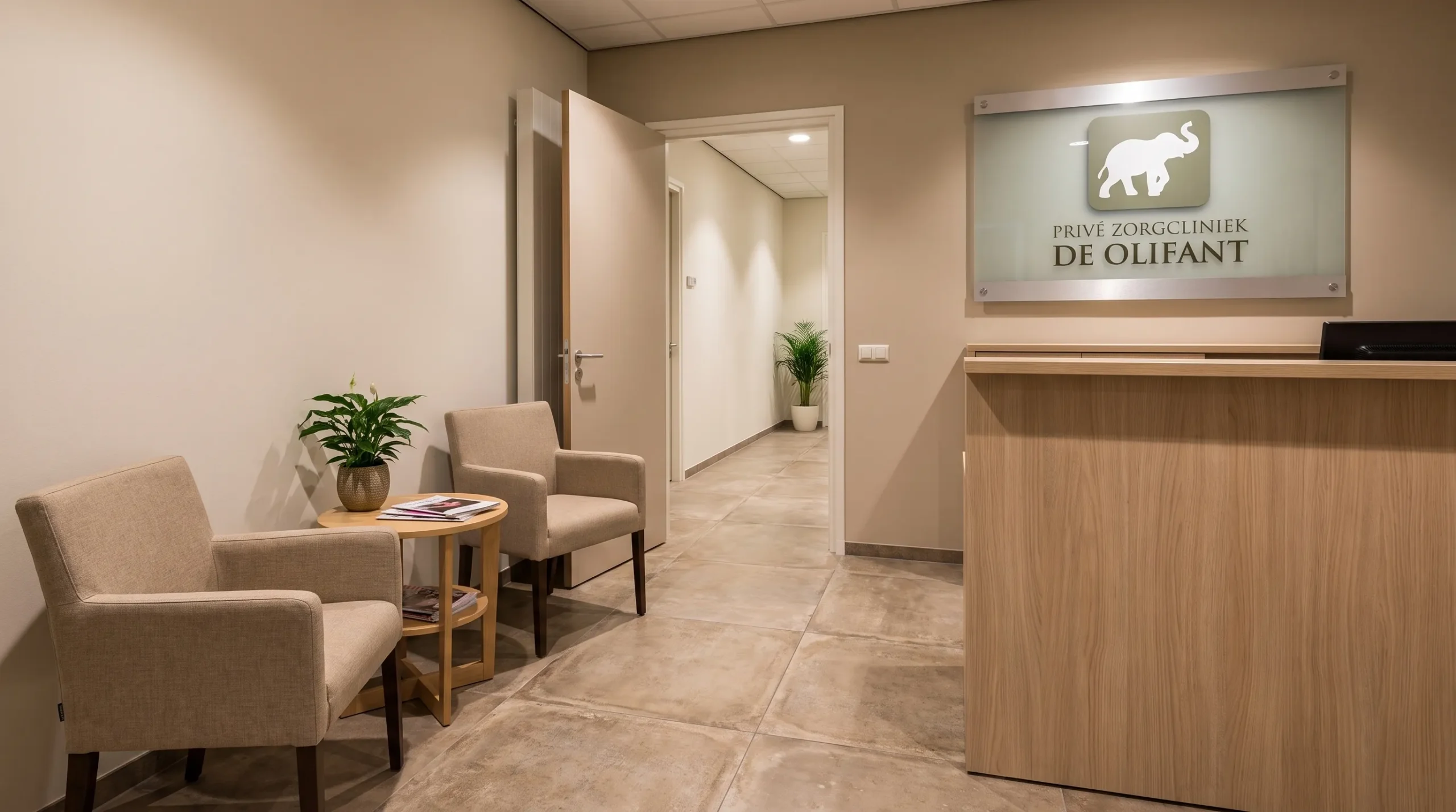 A discreet reception area in a private treatment center with chairs, a table, and a quiet hallway.