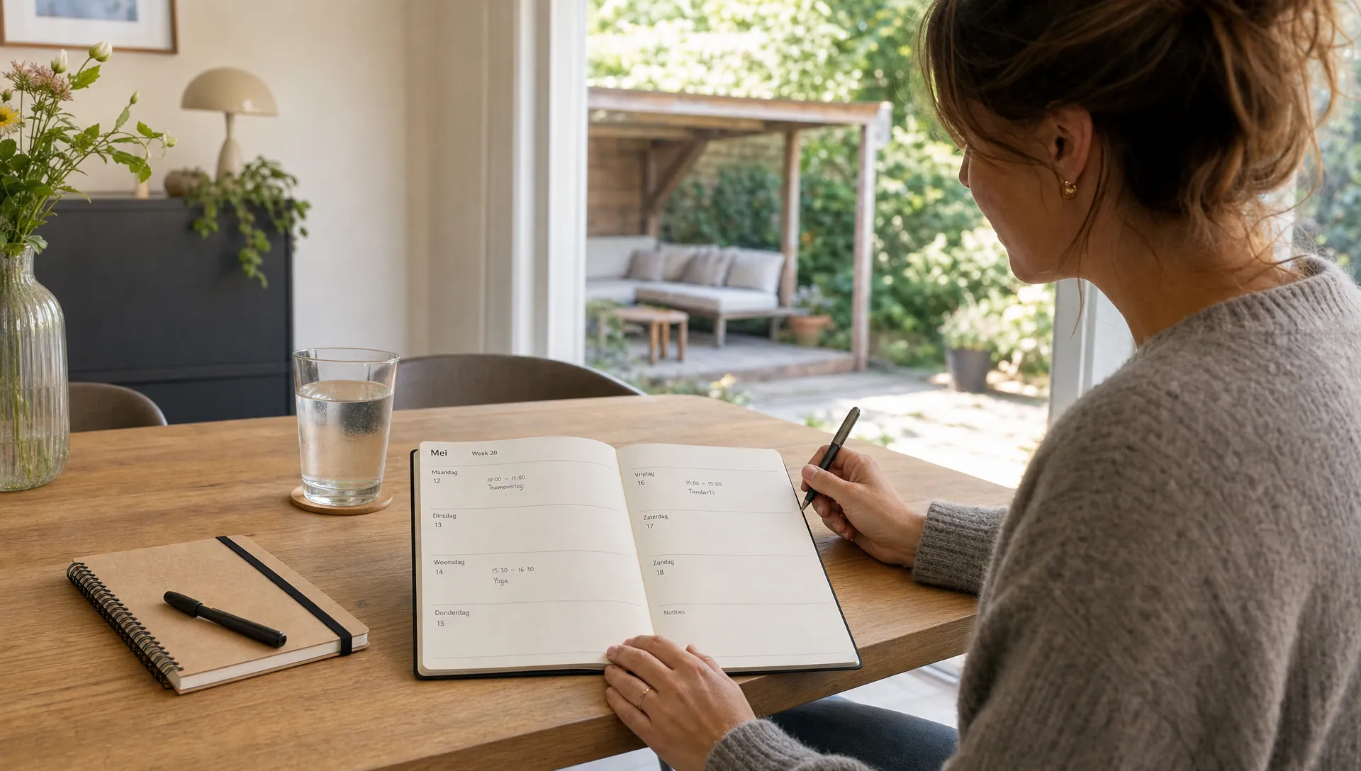 Een eettafel met een planner, notitieboek en glas water, met lege momenten tussen afspraken als beeld van herstellen van overspannenheid.