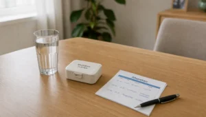 Een gesloten medicijndoosje, glas water en afsprakenblad op een stille tafel laten zorgvuldig pregabalinegebruik zien.