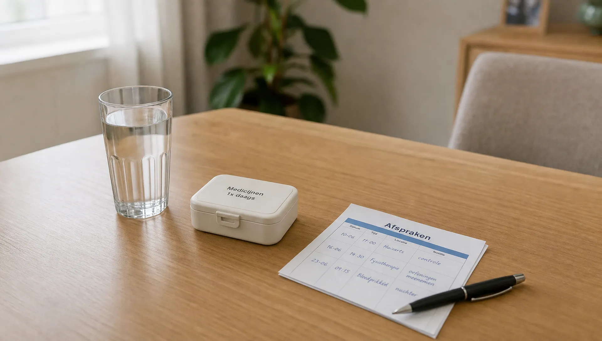 Een gesloten medicijndoosje, glas water en afsprakenblad op een stille tafel laten zorgvuldig pregabalinegebruik zien.