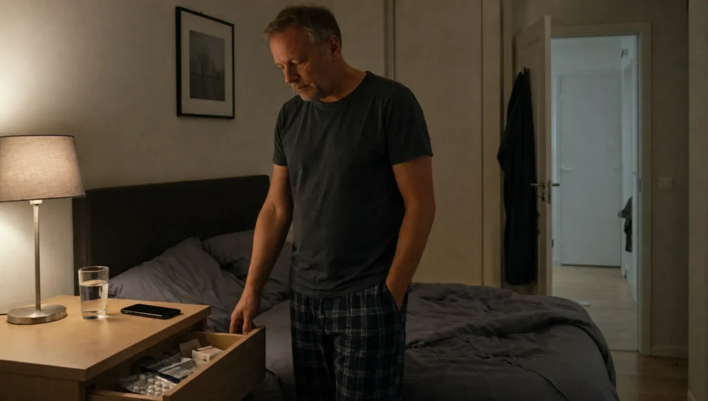 Een gewone slaapkamer thuis met een open medicijnlade en een glas water naast het bed.