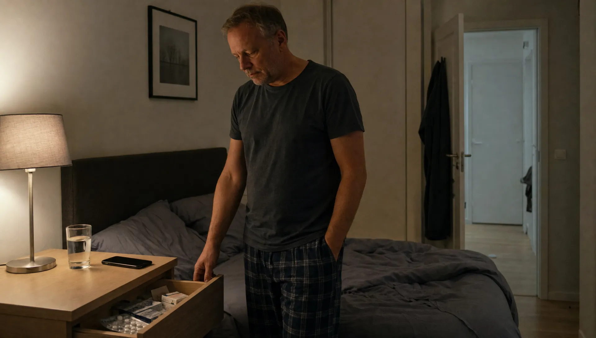 Een gewone slaapkamer thuis met een open medicijnlade en een glas water naast het bed.