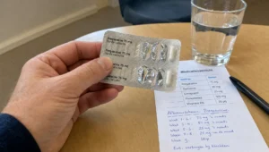 Een hand houdt een blisterstrip met pregabaline vast naast een medicatielijst en een glas water.