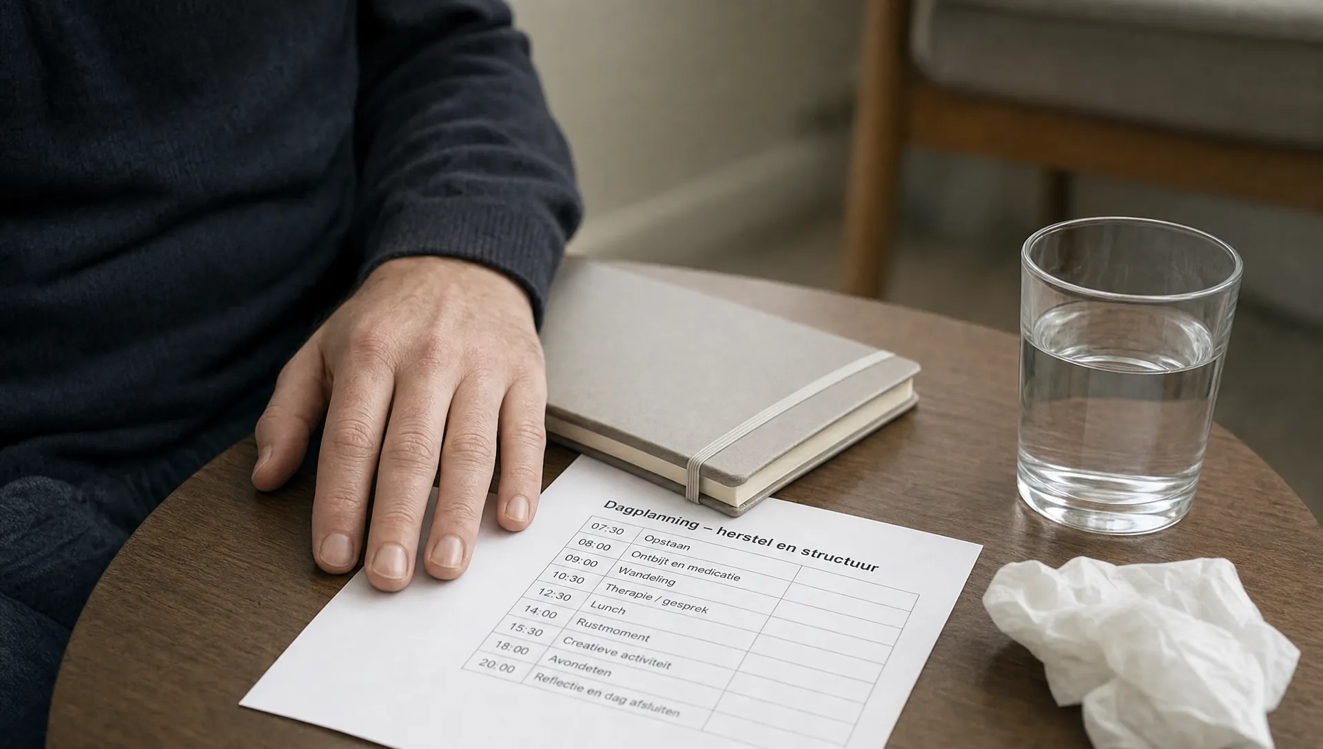 Een hand rust op een dagschema naast een gesloten notitieboek en een glas water, in een stille ruimte voor herstel van overspanning.