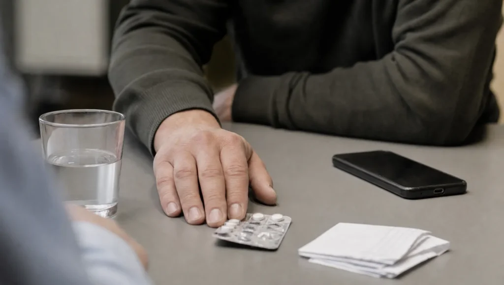 Een hand schuift een halflege medicijnstrip naast een glas water en aantekeningen, als teken dat drugsverslaving serieus wordt genomen.