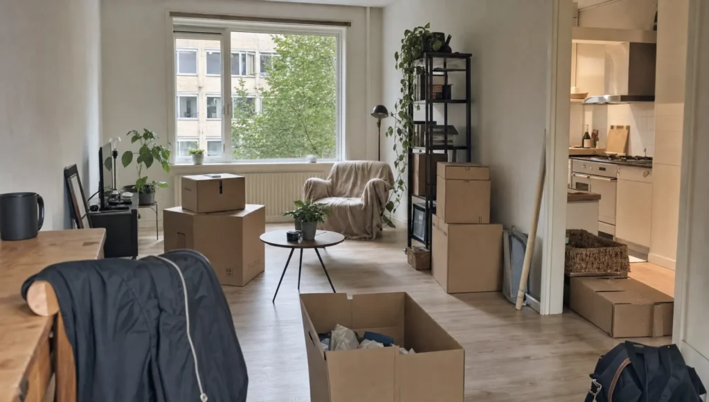 Een lege woonkamer met verhuisdozen laat de onwennigheid van een nieuwe start na een verhuizing zien.
