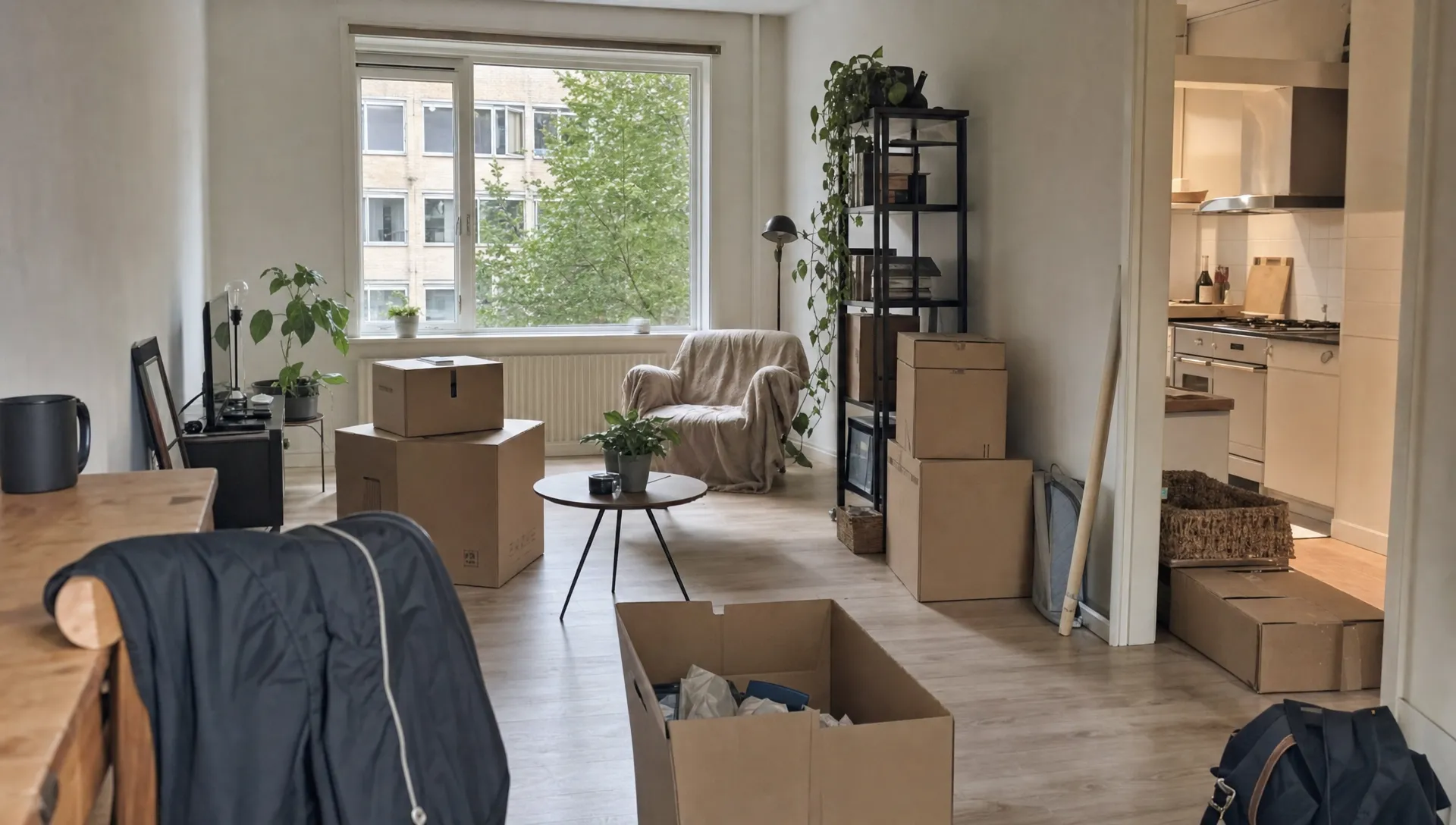 Een lege woonkamer met verhuisdozen laat de onwennigheid van een nieuwe start na een verhuizing zien.