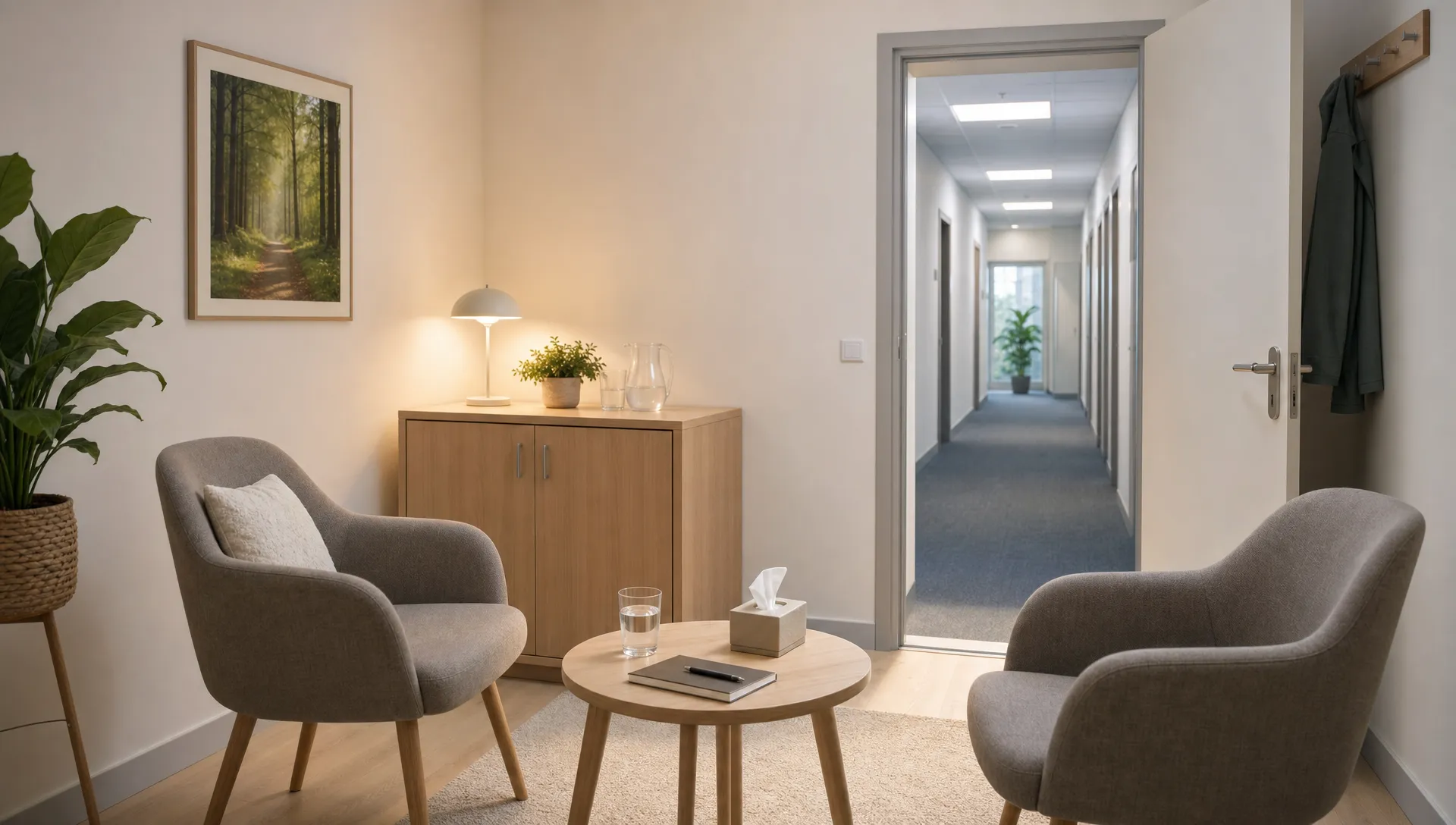 Een lichte behandelkamer met twee stoelen, een kleine tafel en een open deur naar een stille gang, passend bij afkicken met professionele begeleiding.