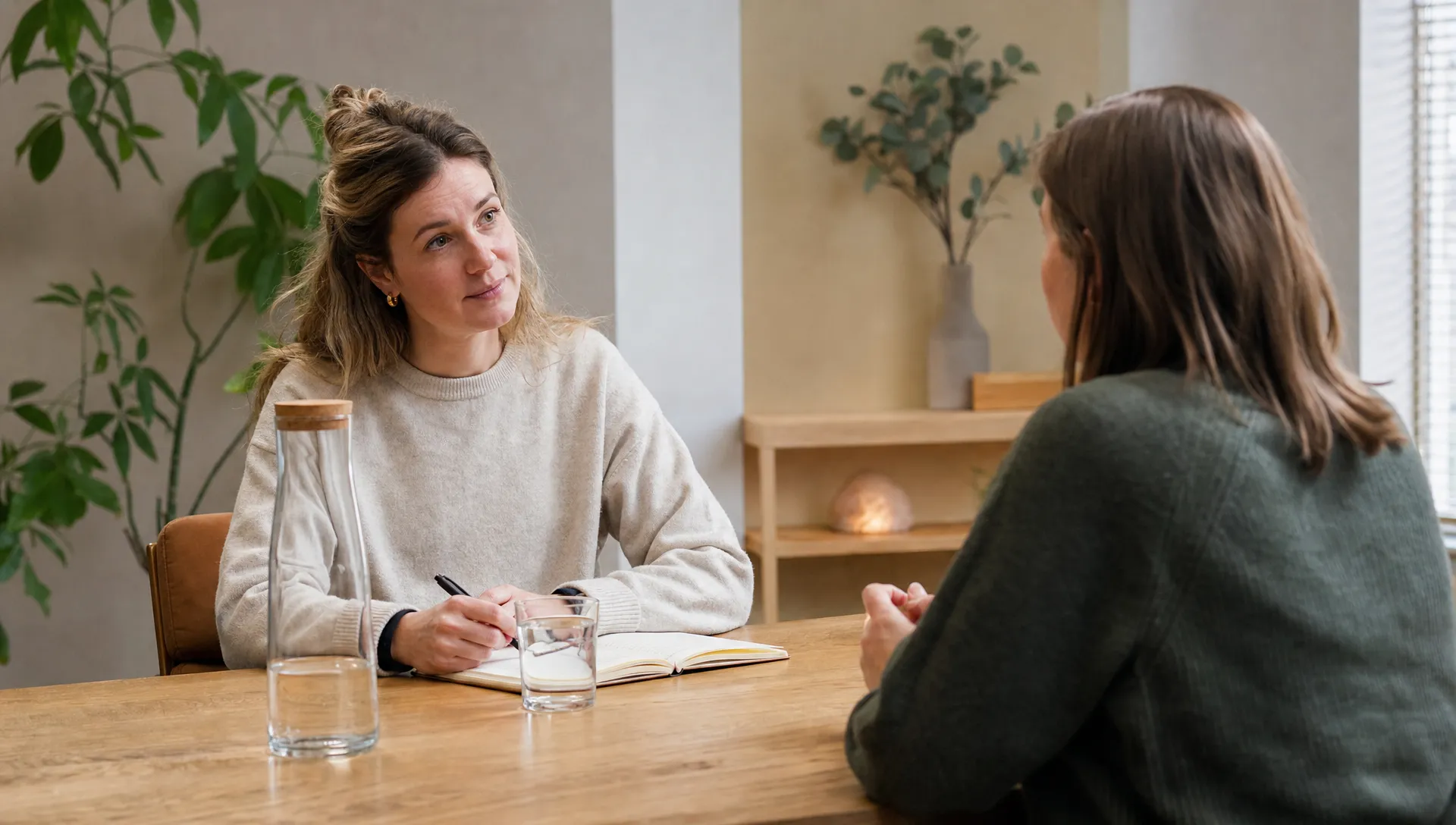 Een persoon en een begeleider bespreken terugkerende burn-outklachten aan een tafel met notitieboek en water in een rustige spreekruimte.