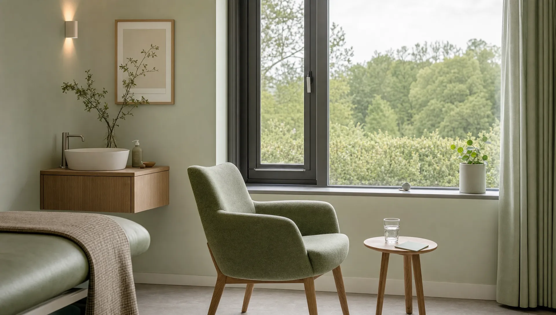 A quiet treatment room with a chair by the window, a glass of water, and a view of greenery that provides a sense of space for recovery and privacy.