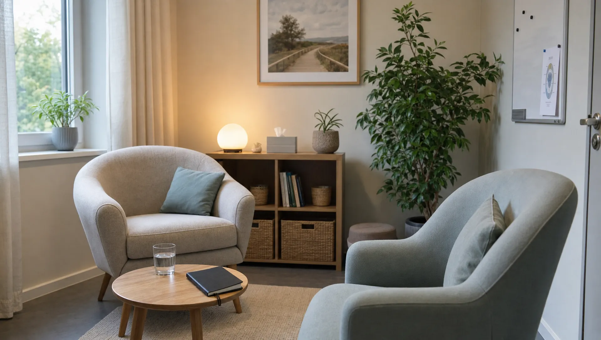 Een rustige behandelkamer met zachte stoelen, een kleine tafel en een gesloten notitieboek, waar structuur en persoonlijke begeleiding centraal staan.