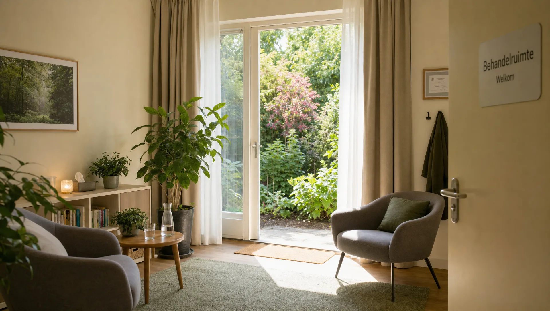 A quiet treatment room with comfortable chairs, natural light, plants, and an open door leading to a peaceful garden, designed to be a safe space for personal conversations and recovery.