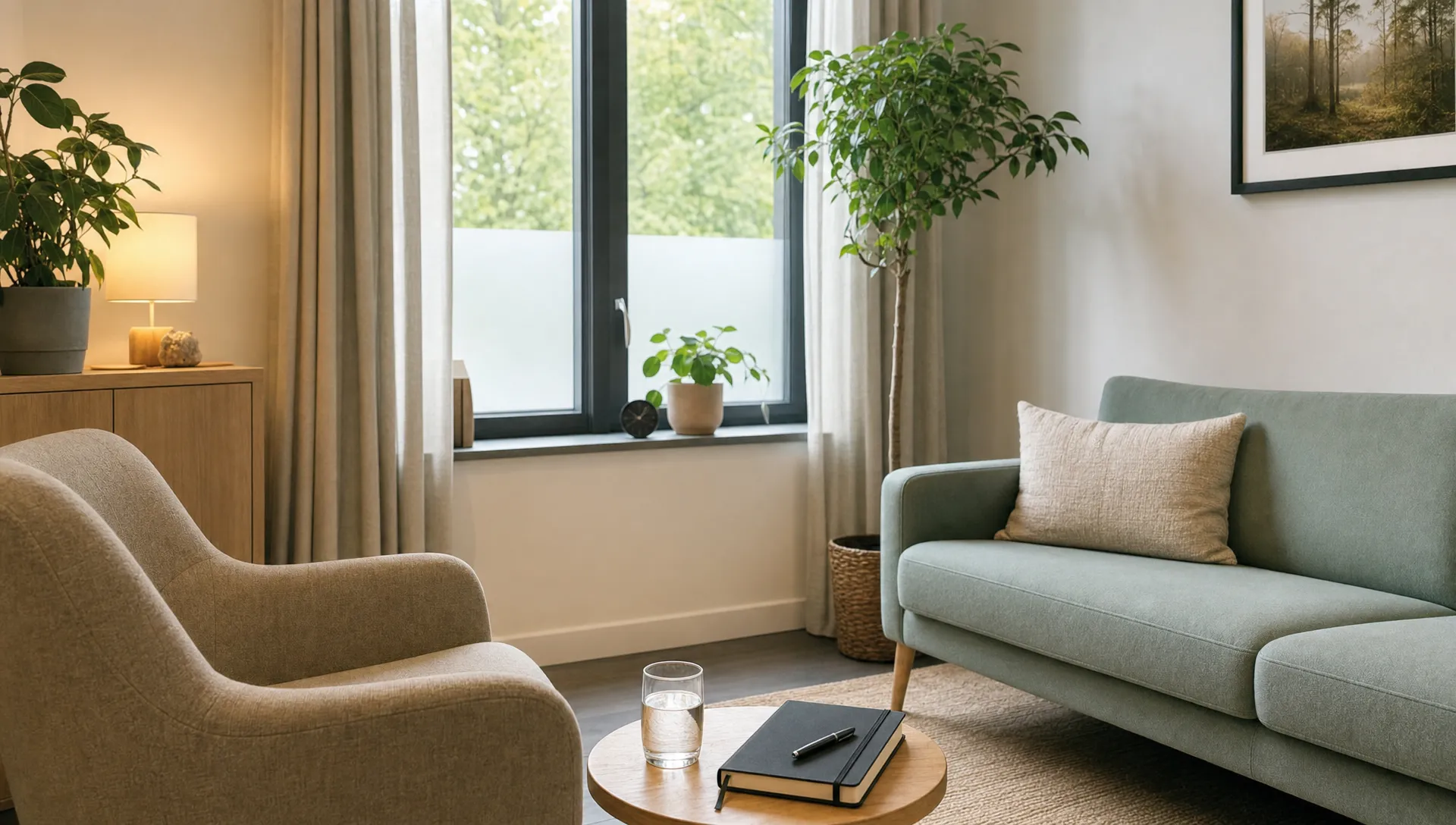 Een rustige behandelruimte met een comfortabele zithoek, een glas water en een notitieboek, bedoeld als veilige plek voor herstel en reflectie.