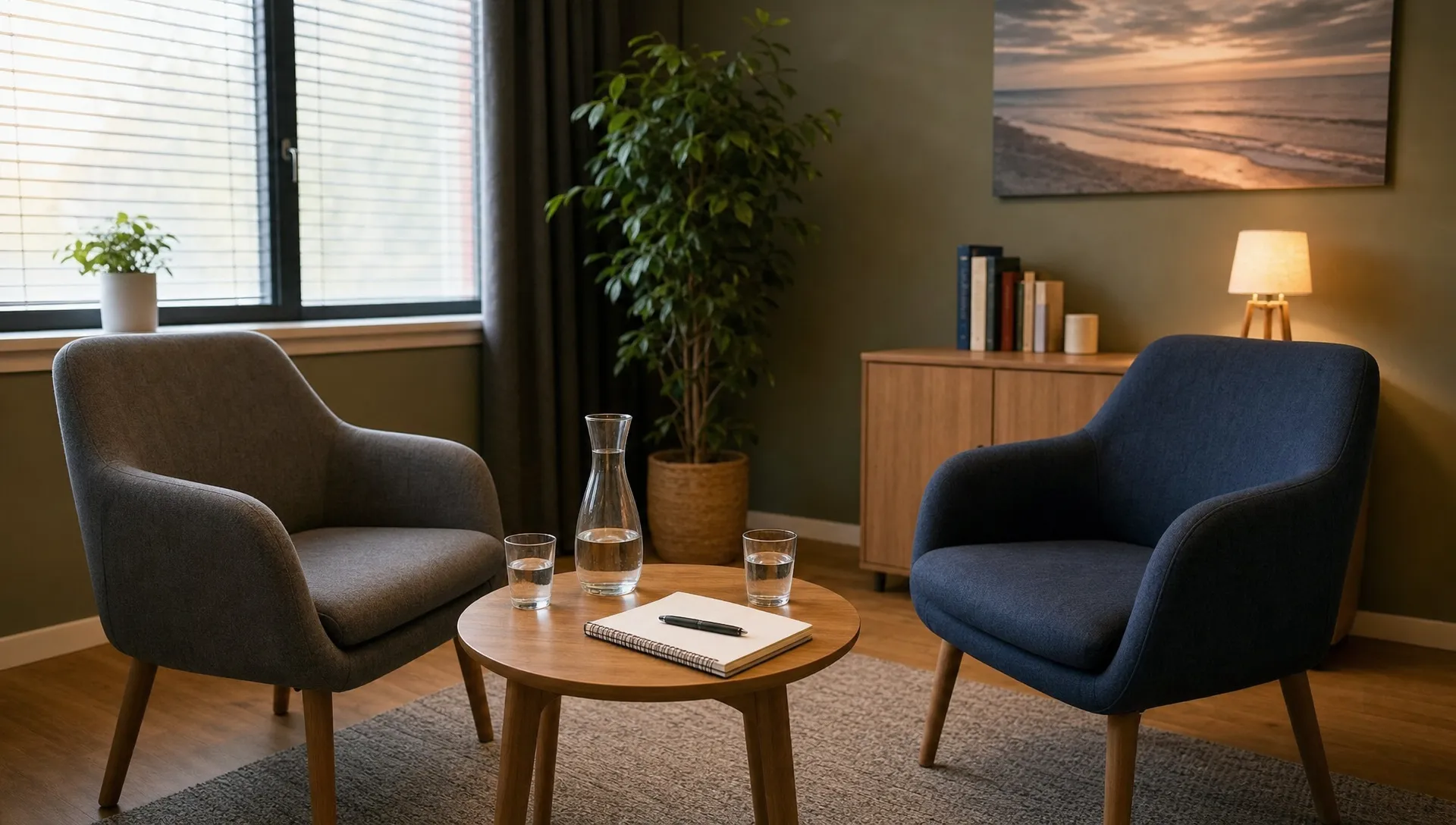 Een rustige behandelruimte met stoelen, water en een notitieboek voor een vertrouwelijk gesprek over alcoholverslaving.