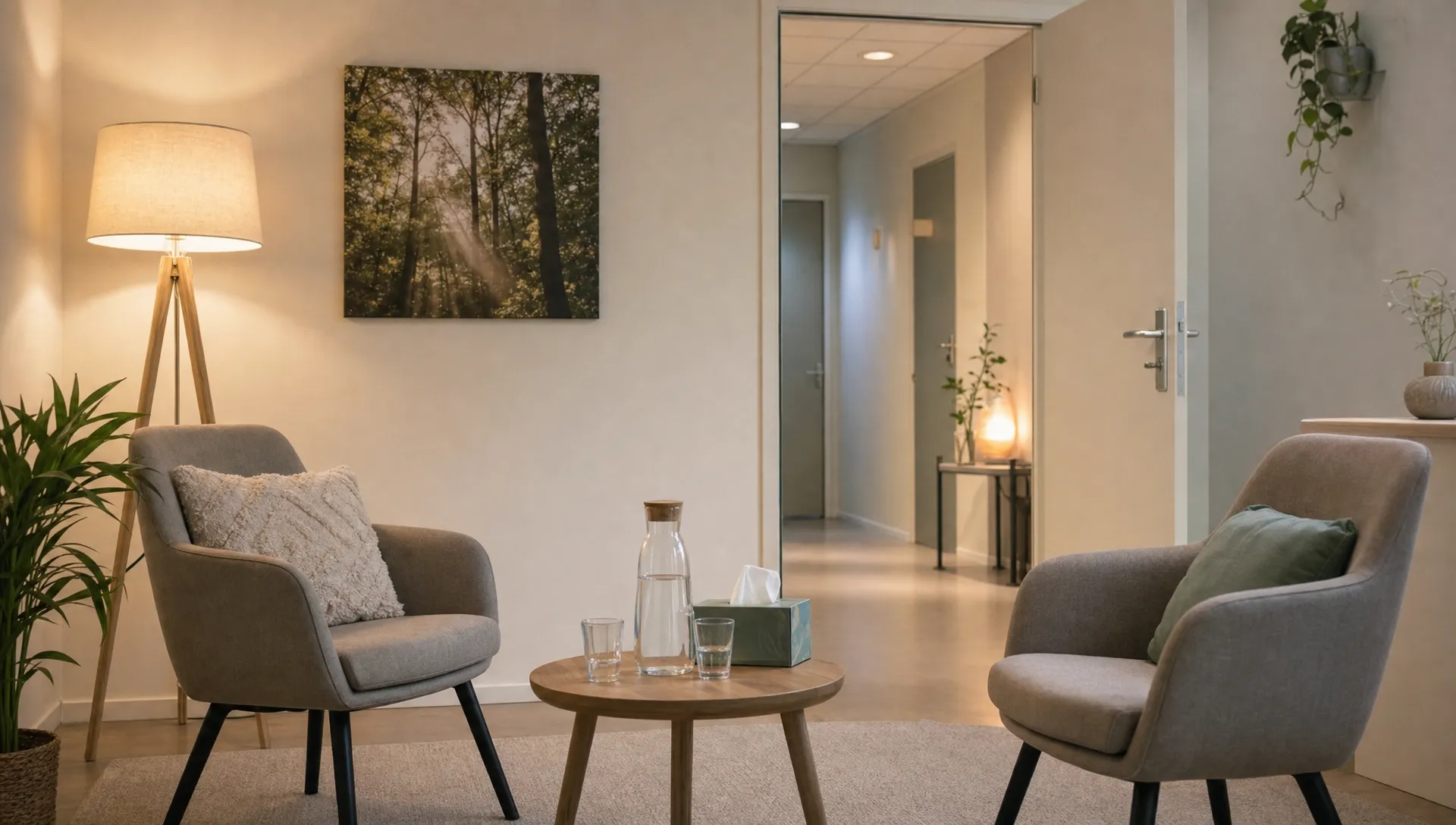 A quiet treatment room with two chairs, a table with water and tissues, and an open passageway leading to a quiet hallway, serving as a space for professional trauma counseling.