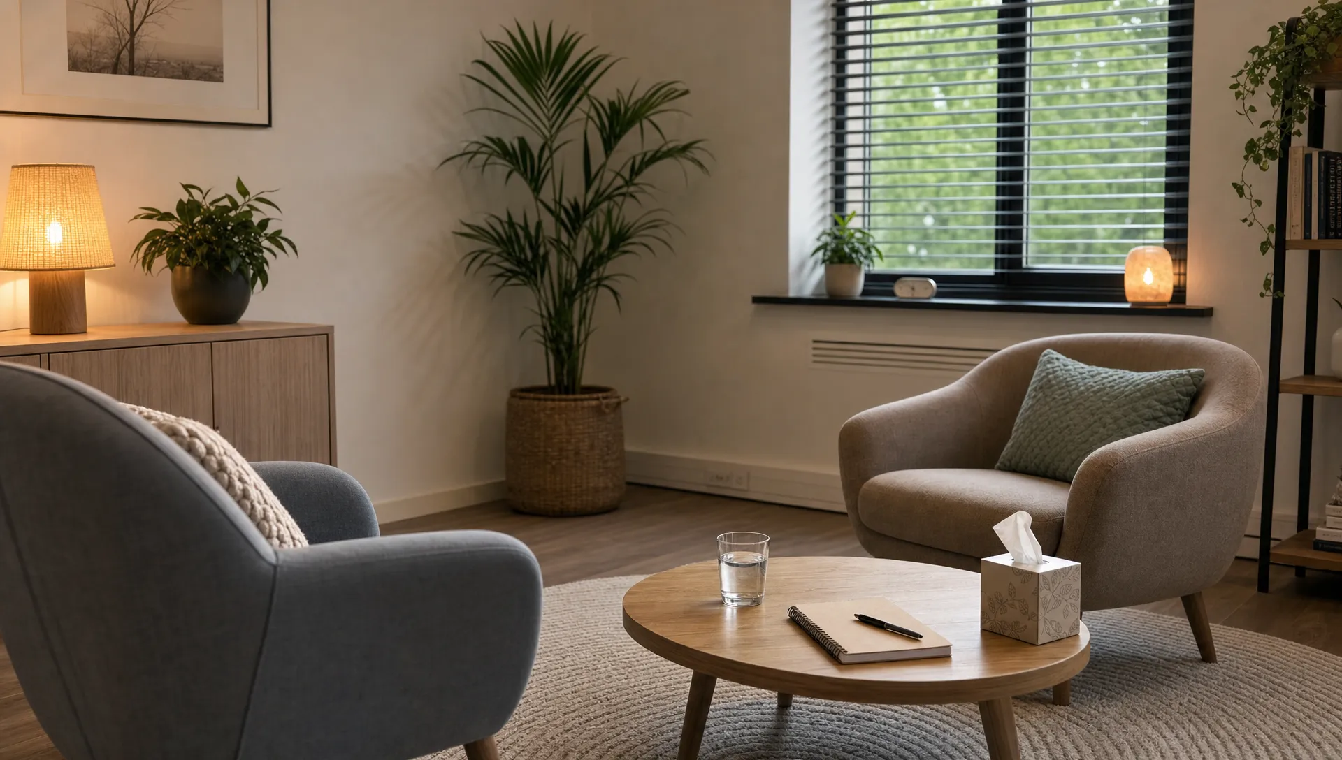 Een rustige behandelruimte met twee stoelen, een tafel met een notitieboek en een glas water, bedoeld voor een vertrouwelijk gesprek over herstel en begeleiding.