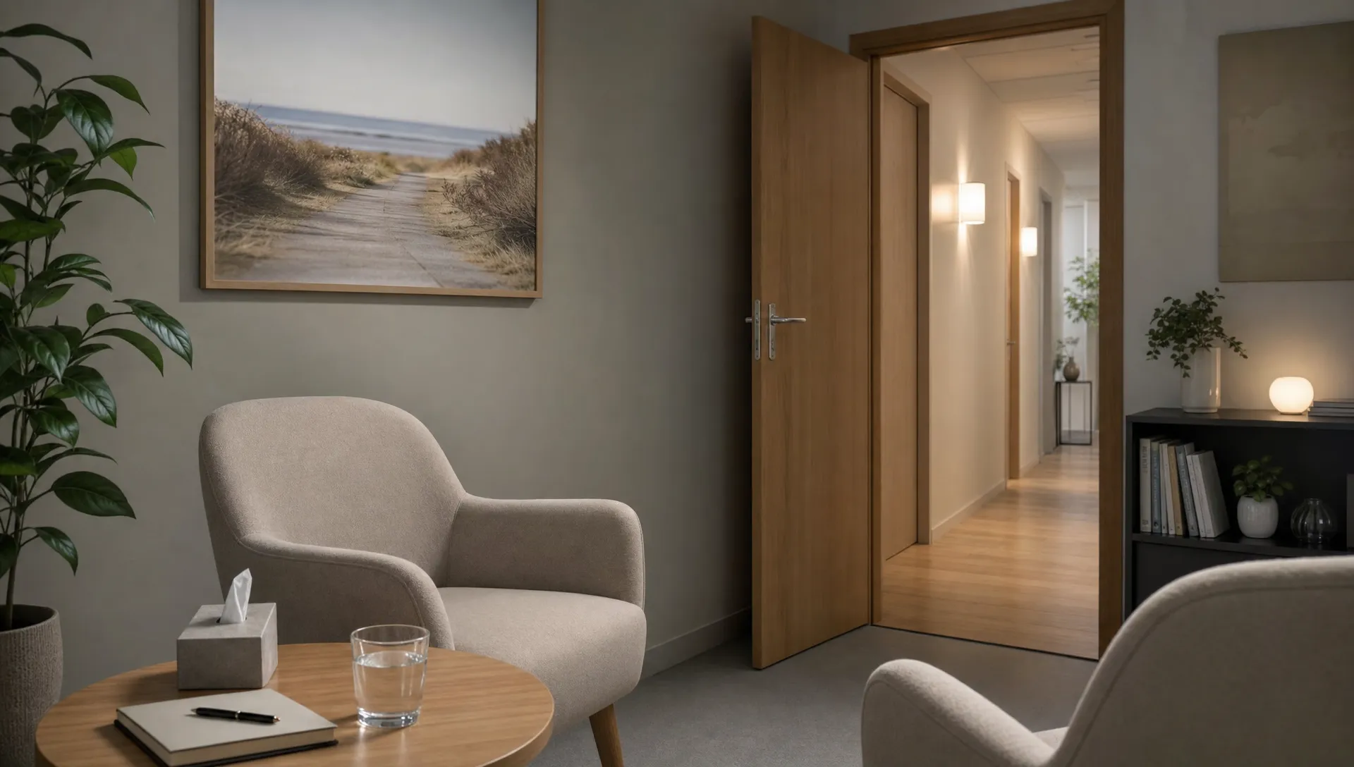 Een rustige binnenruimte met comfortabele stoelen, een glas water en een open deur naar een stille gang verbeeldt privacy en herstel tijdens een persoonlijk behandeltraject.