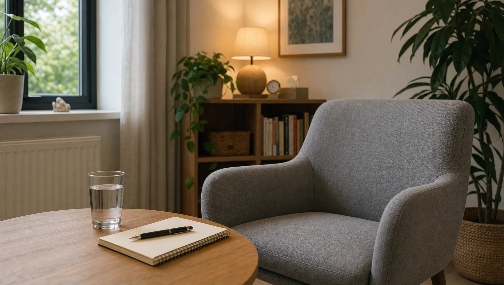 A quiet conversation room with a chair, a glass of water, and a notebook on the table—a place to discuss obsessive thoughts in confidence.