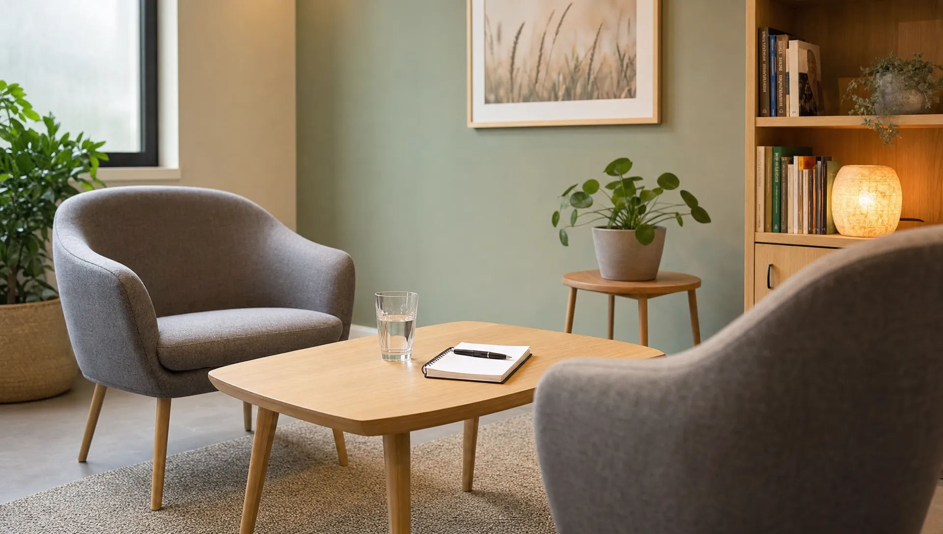 Een rustige gespreksruimte met twee stoelen, een tafel met een notitieboek en een glas water voor een persoonlijk intakegesprek.