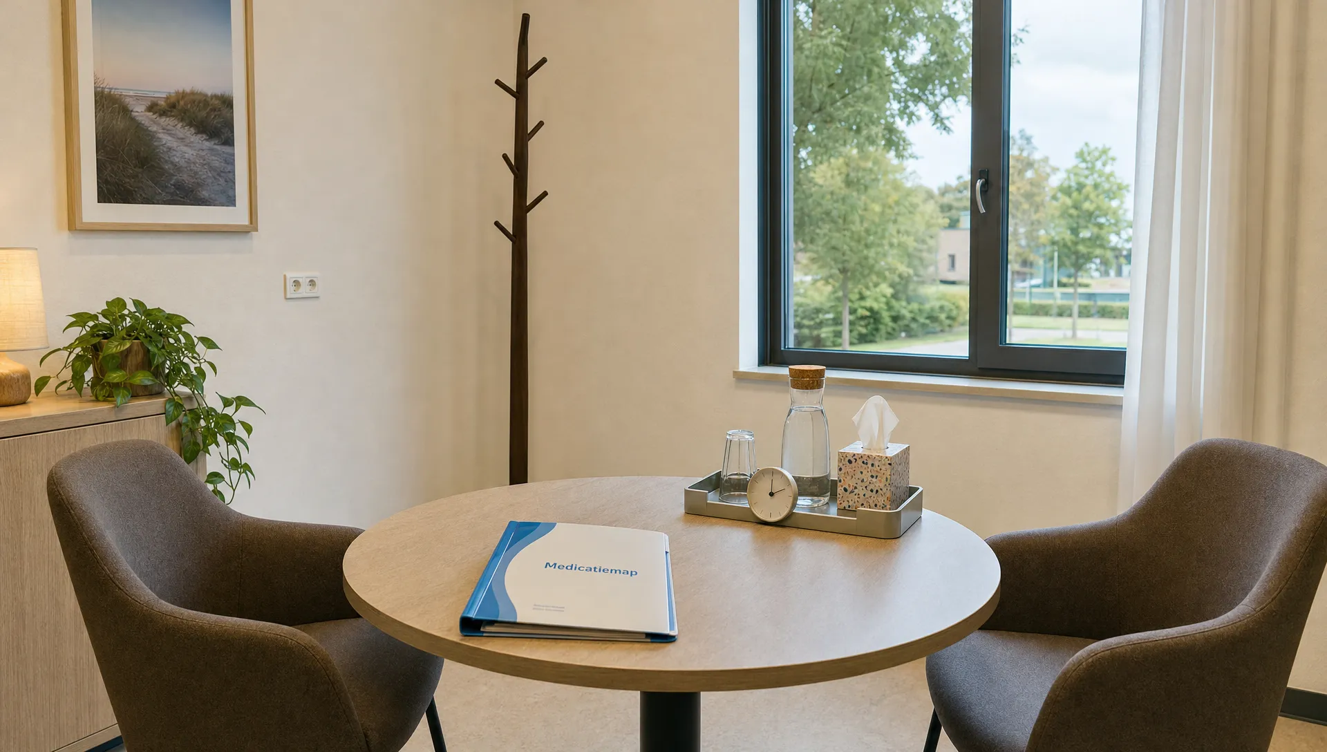 Een rustige gespreksruimte met twee stoelen, een tafel met een medicatiemap en een raam naar buiten.