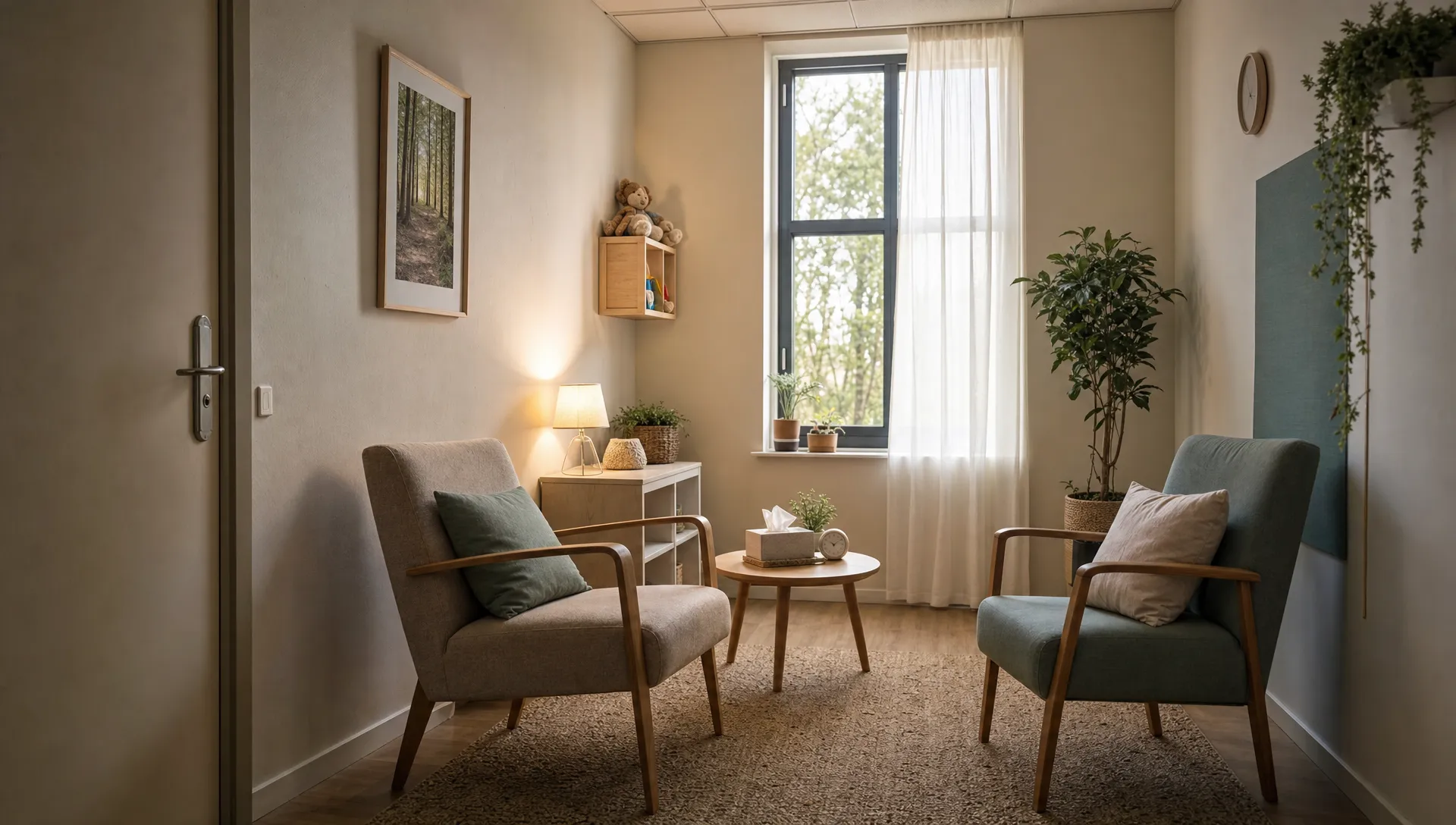 Een rustige gespreksruimte voor jeugdtrauma, met twee stoelen, een raam met daglicht en een gesloten deur voor privacy.