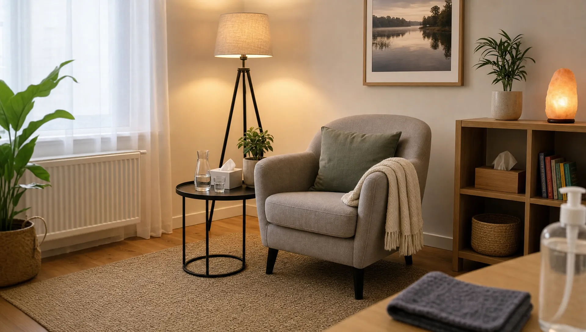 A quiet room with a comfortable chair, a small table, and a cleaning cloth at the edge of the painting creates a sense of a safe place for recovery.