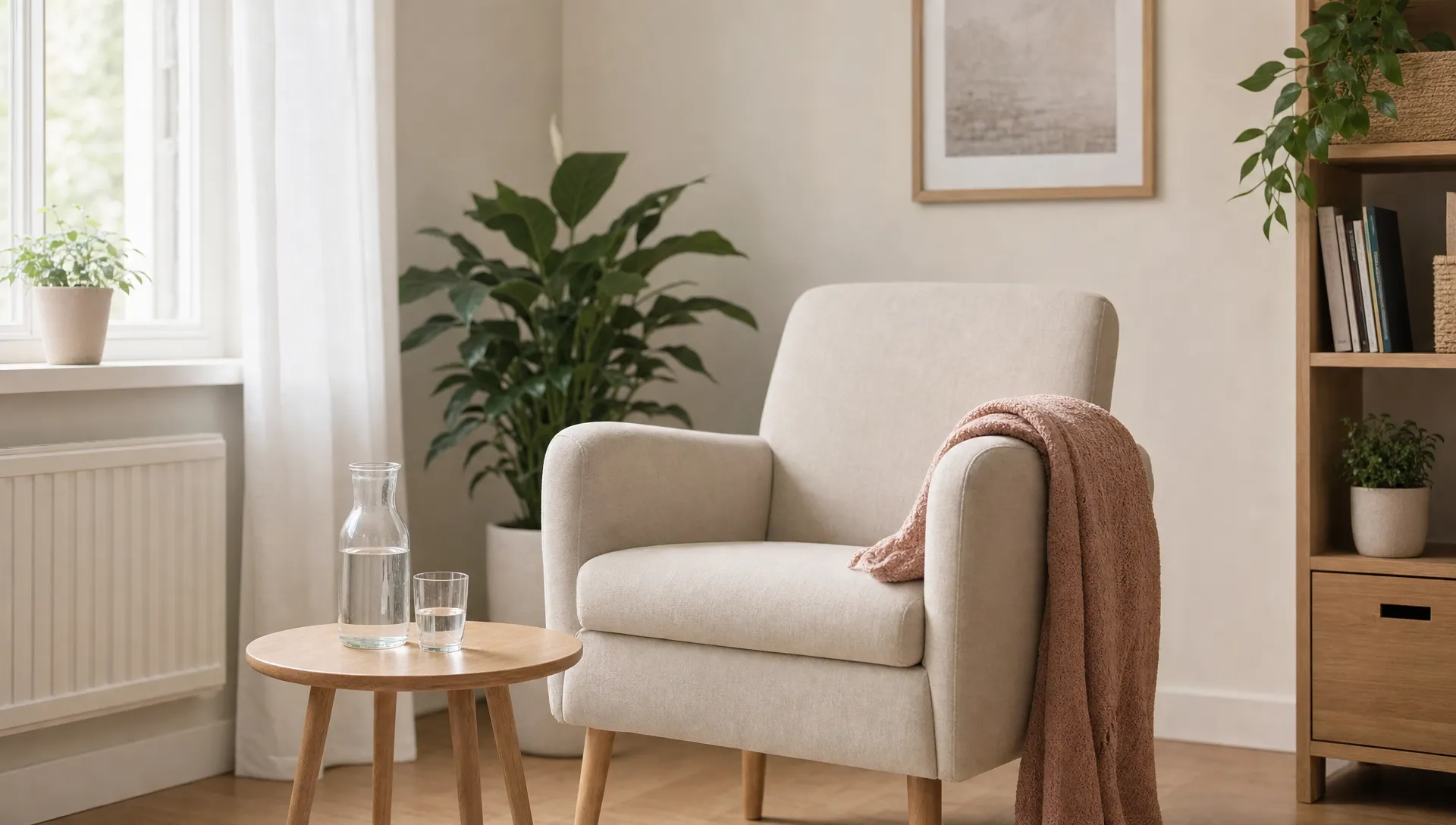 A quiet, well-lit room with a comfortable chair and a glass of water, intended as a safe space for conversation and rest during depression in pregnancy.