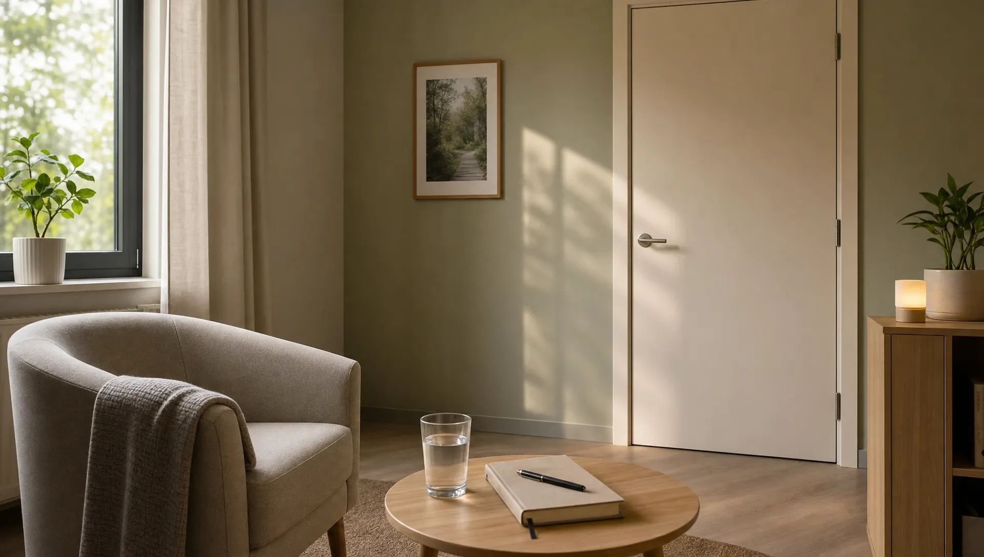 Een rustige privéruimte voor herstel met een comfortabele stoel, zachte daglichtinval, een gesloten deur en een eenvoudige tafel met een glas water en notitieboek, bedoeld om privacy, veiligheid en structuur tijdens alcoholherstel te verbeelden.