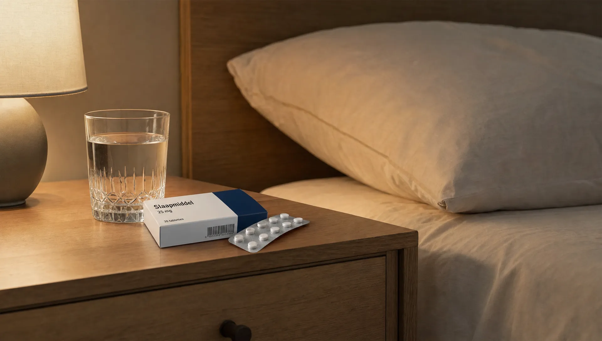 Een rustige slaapkamer met een nachtkastje, waterglas en doosje medicatie bij een artikel over slaappillen en verslaving.