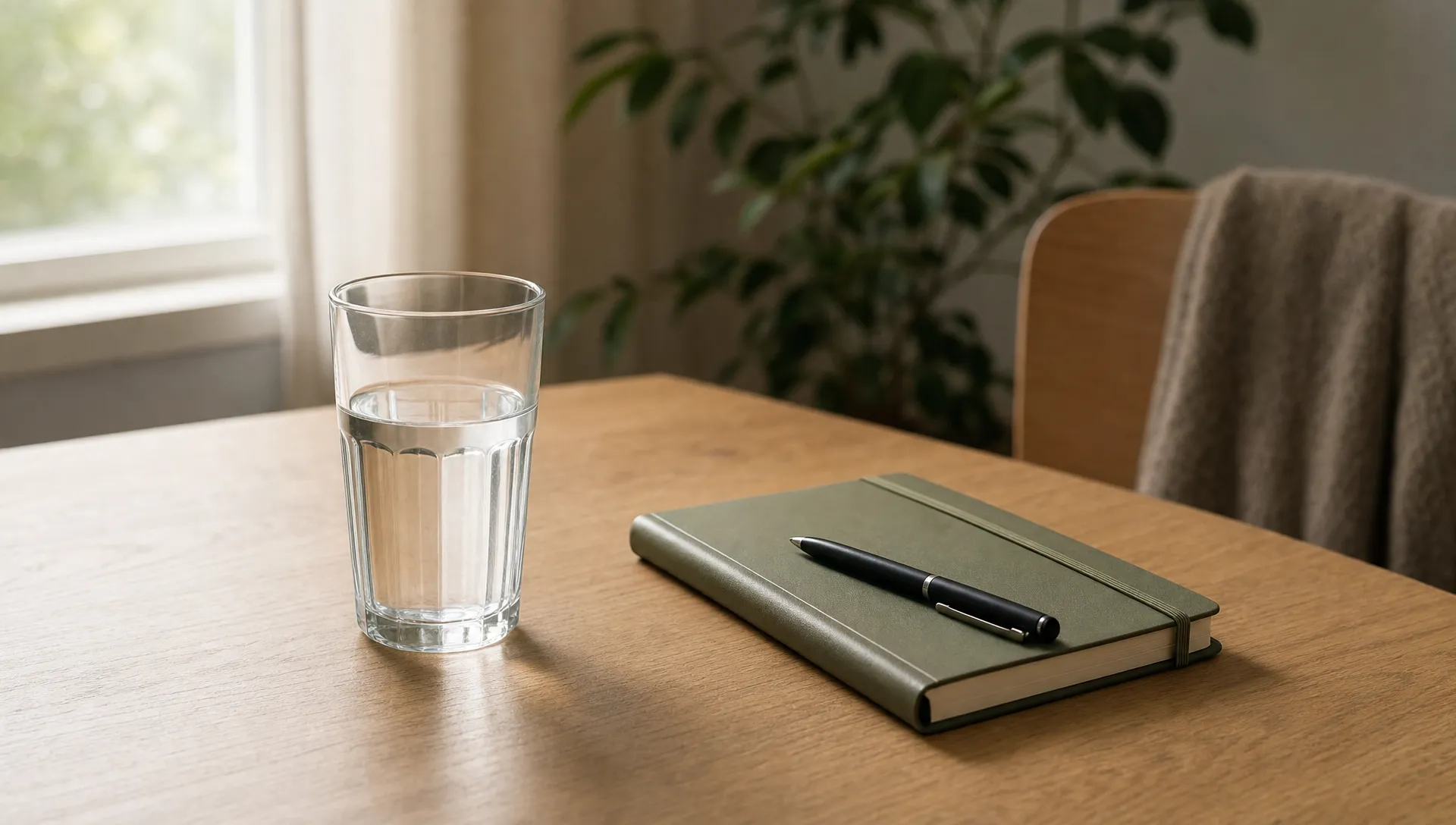 Een rustige tafel met een halfvol glas water, een gesloten notitieboek en een pen, als beeld voor zelfreflectie over alcoholgebruik zonder oordeel.