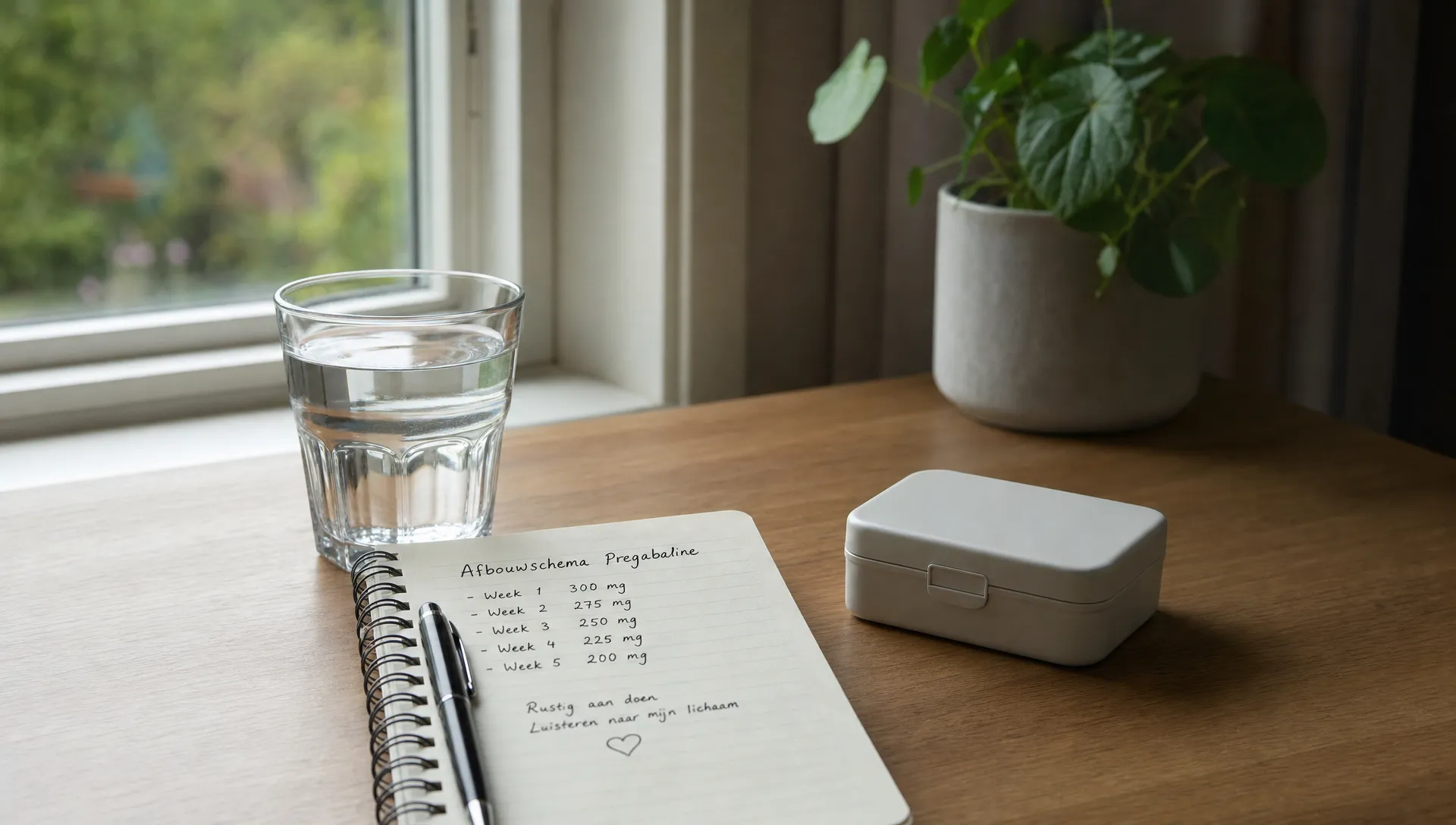 Een rustige tafel met een notitieboek, een glas water en een gesloten medicijndoosje naast een raam, als symbool voor zorgvuldig pregabalinegebruik en afbouwen.
