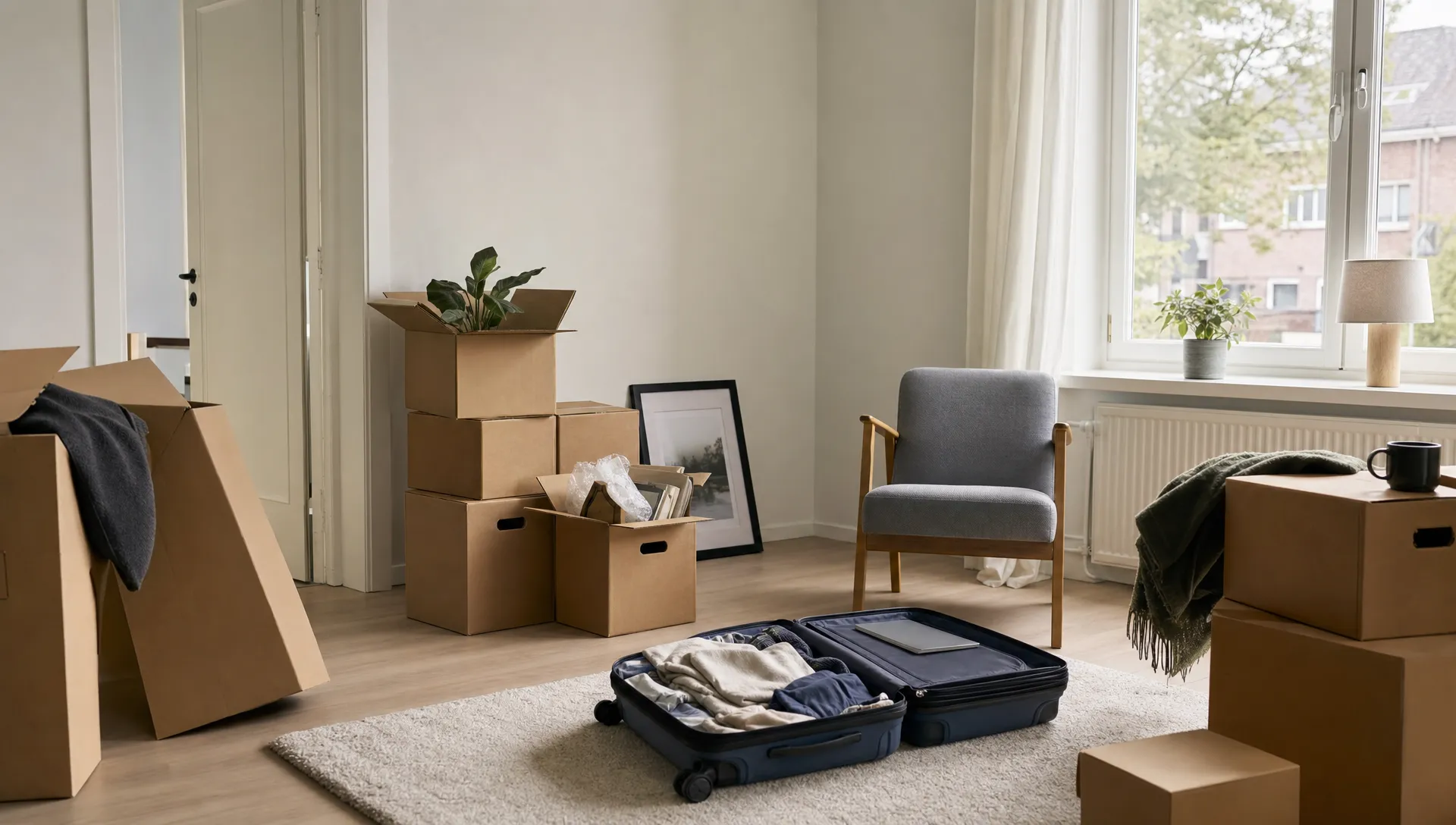Een rustige woonruimte met half uitgepakte verhuisdozen, een stoel bij het raam en een opengeslagen koffer laat het zoeken naar houvast na een verhuizing zien.