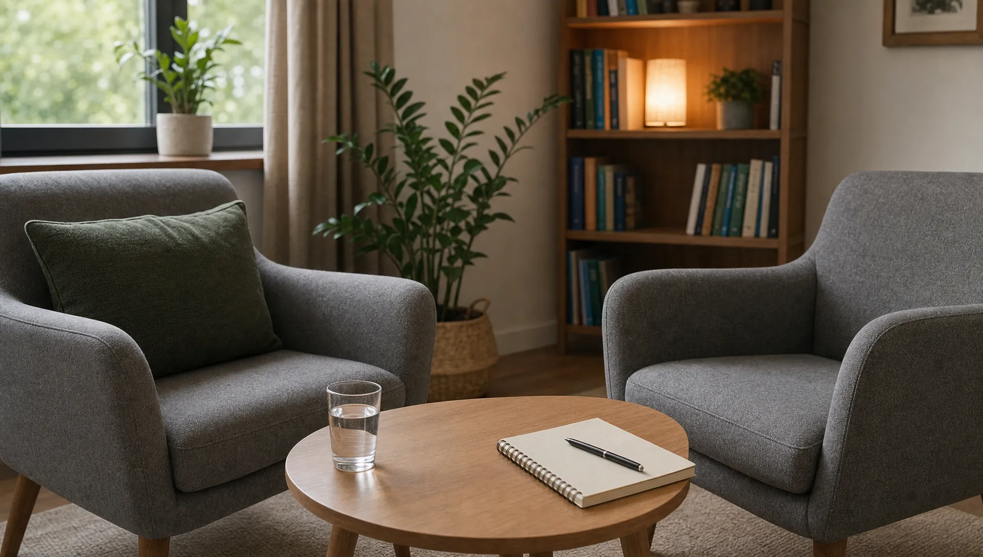 Een rustige zithoek met twee stoelen, een glas water en een notitieboek voor een vertrouwelijk gesprek over hulp bij drankproblemen.