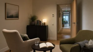 Een stille consultatieruimte met twee stoelen, een tafel en een open deur naar de gang, als rustige plek voor gokverslaving hulp.