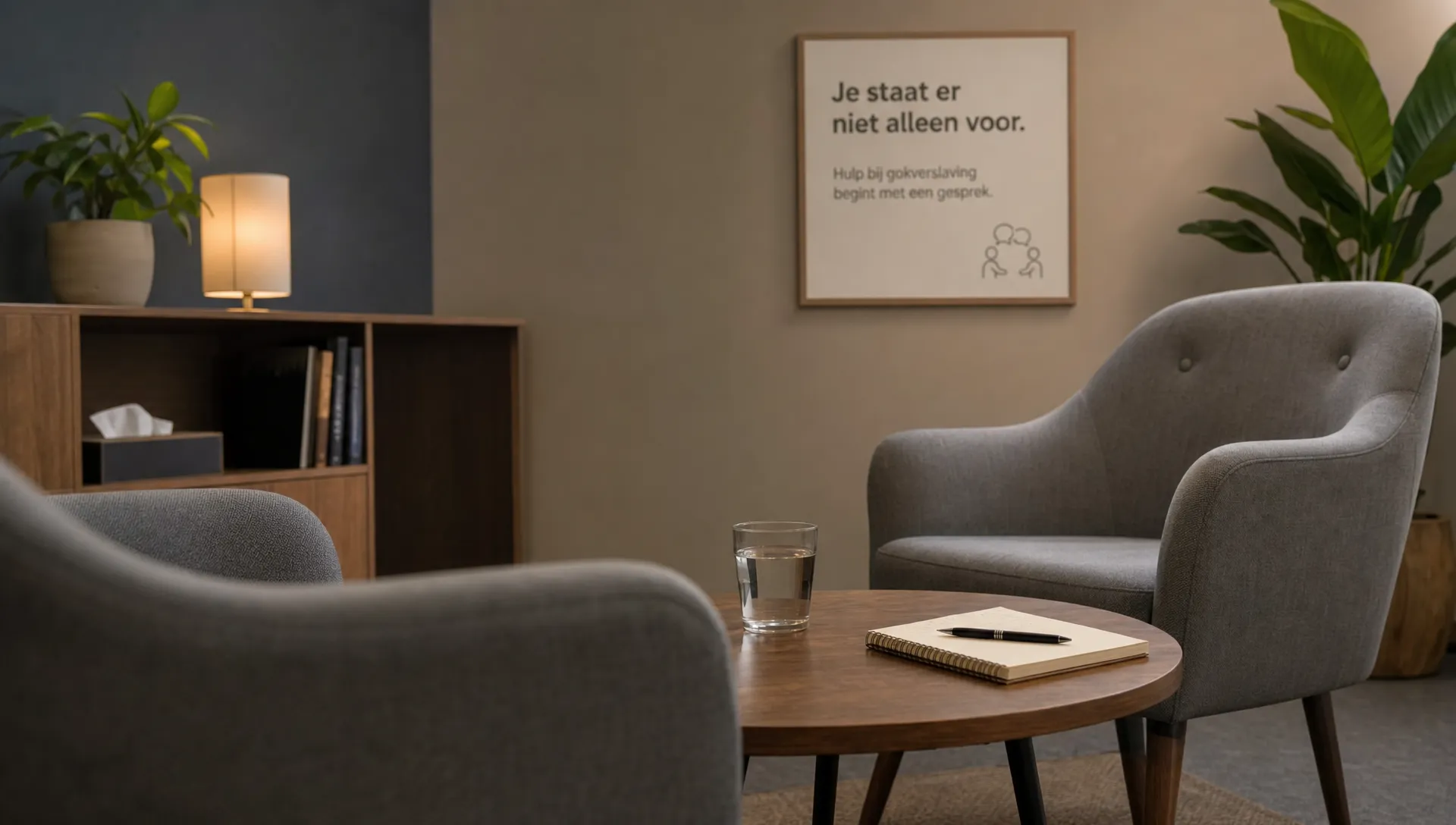 Een stille gespreksruimte met twee stoelen, een glas water en een notitieboek op tafel voor een vertrouwelijk gesprek over gokverslaving hulp.