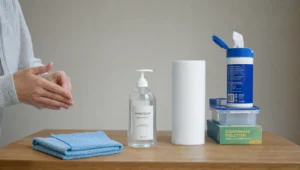 A full bottle of hand soap sits on a quiet table next to rags and cleaning supplies as a symbol of compulsive cleaning associated with OCD.