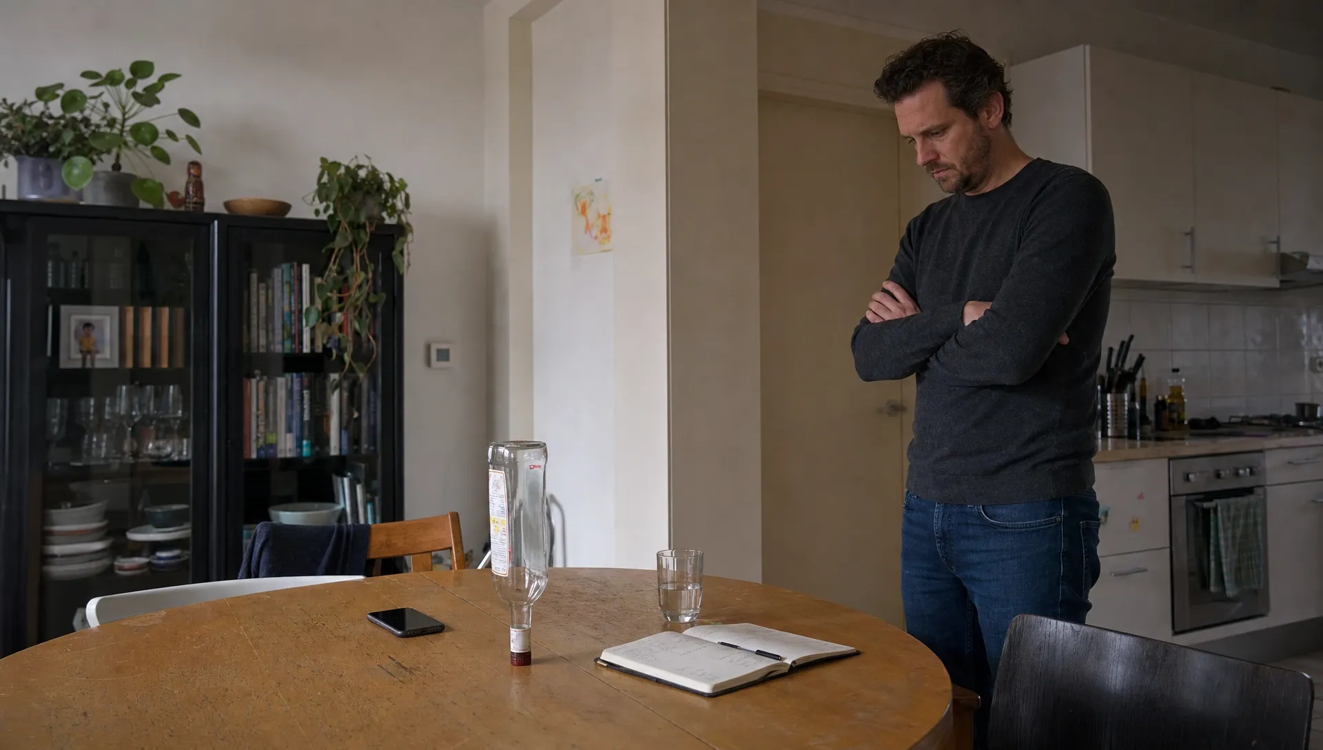 Een volwassen persoon staat bij een keukentafel met een fles, water en een agenda, op zoek naar een eerste stap bij drankproblemen.