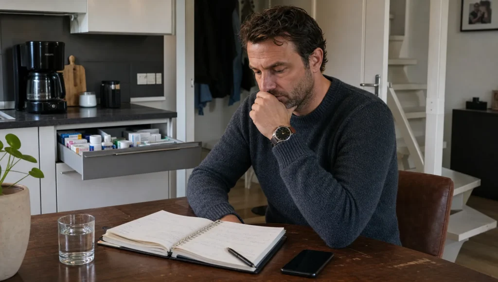 Een volwassen persoon zit thuis aan de keukentafel en denkt na over hulp bij afkicken en professioneel begeleid herstel.