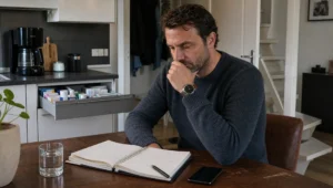 Een volwassen persoon zit thuis aan de keukentafel en denkt na over hulp bij afkicken en professioneel begeleid herstel.