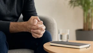 Gesloten handen naast een glas water en een notitieboek in een stille consultatieruimte, passend bij de eerste stap bij sociale angst.