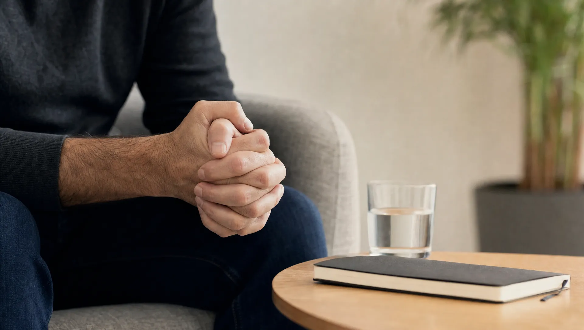 Gesloten handen naast een glas water en een notitieboek in een stille consultatieruimte, passend bij de eerste stap bij sociale angst.