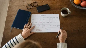 Handen leggen een planning en notitieboek op tafel om burn-out terugval en belasting zichtbaar te maken.