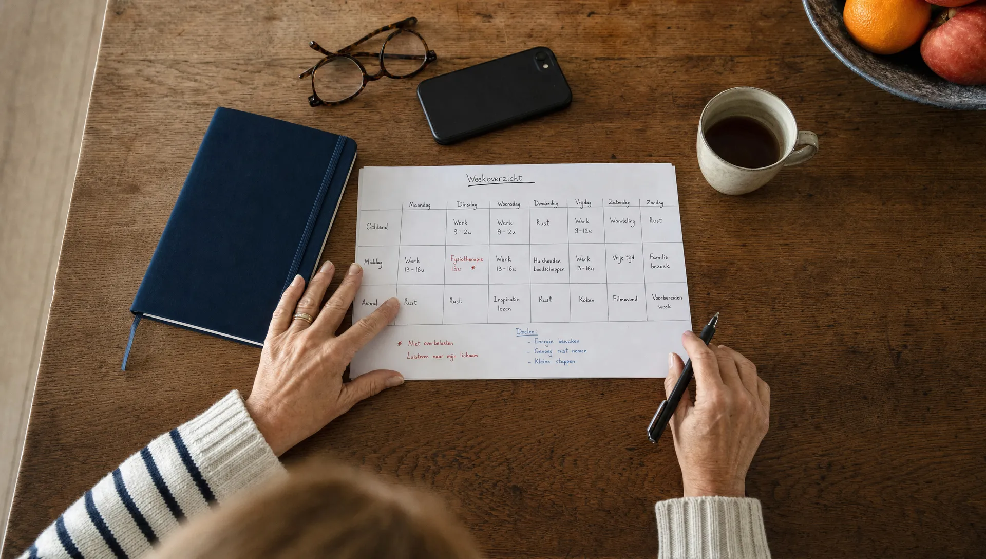 Handen leggen een planning en notitieboek op tafel om burn-out terugval en belasting zichtbaar te maken.