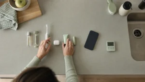Placing hands on a kitchen counter and repeatedly putting things down demonstrates the ritual associated with OCD.