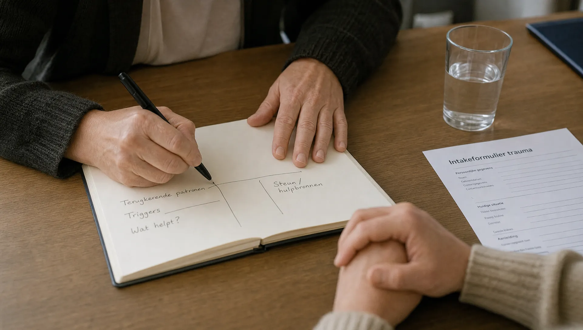 Handen vullen een notitieboek in tijdens een intake over jeugdtrauma, met een pen en glas water op tafel.