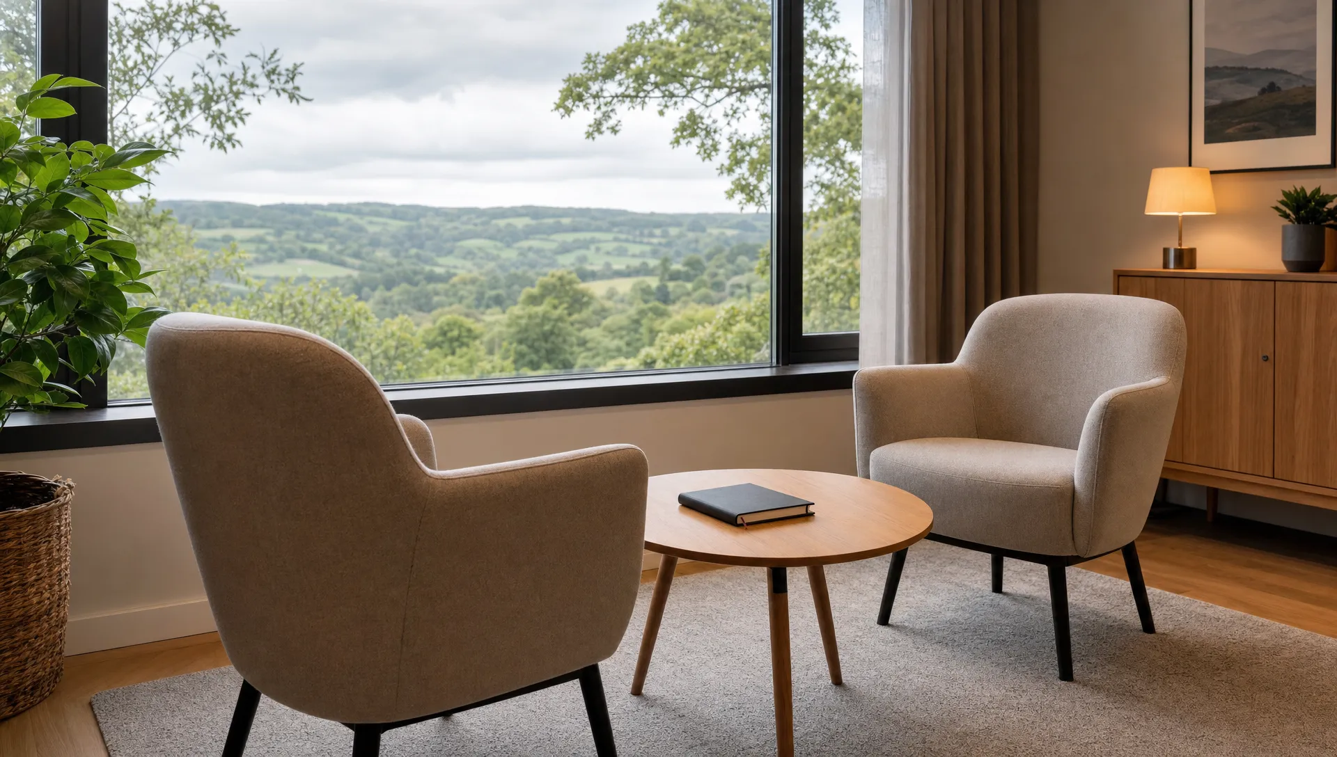 Twee comfortabele stoelen in een rustige gespreksruimte met een gesloten notitieboek op tafel en uitzicht op heuvels.
